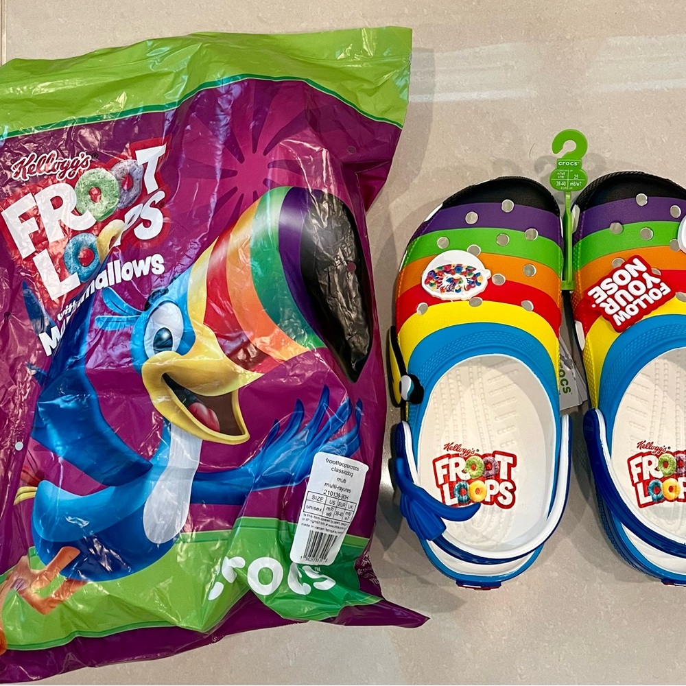 Crocs Froot Loops in hand. New in bag W9 M7